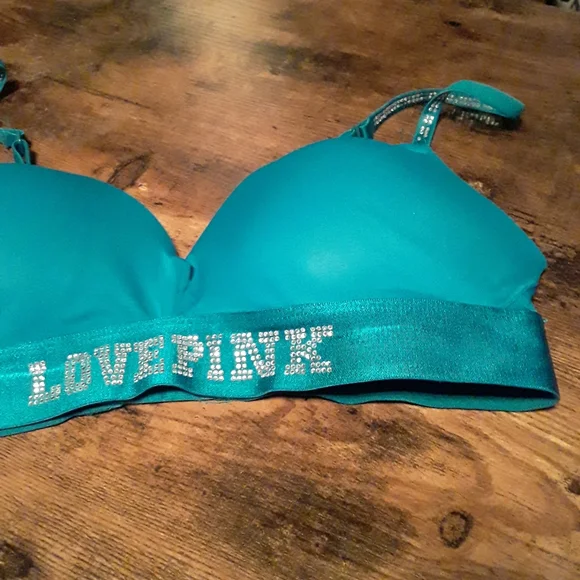 Pink VICTORIA'S SECRET teal W/ Pink Bling 38B Padded underwire Gorgeous Push Up - Picture 4 of 13